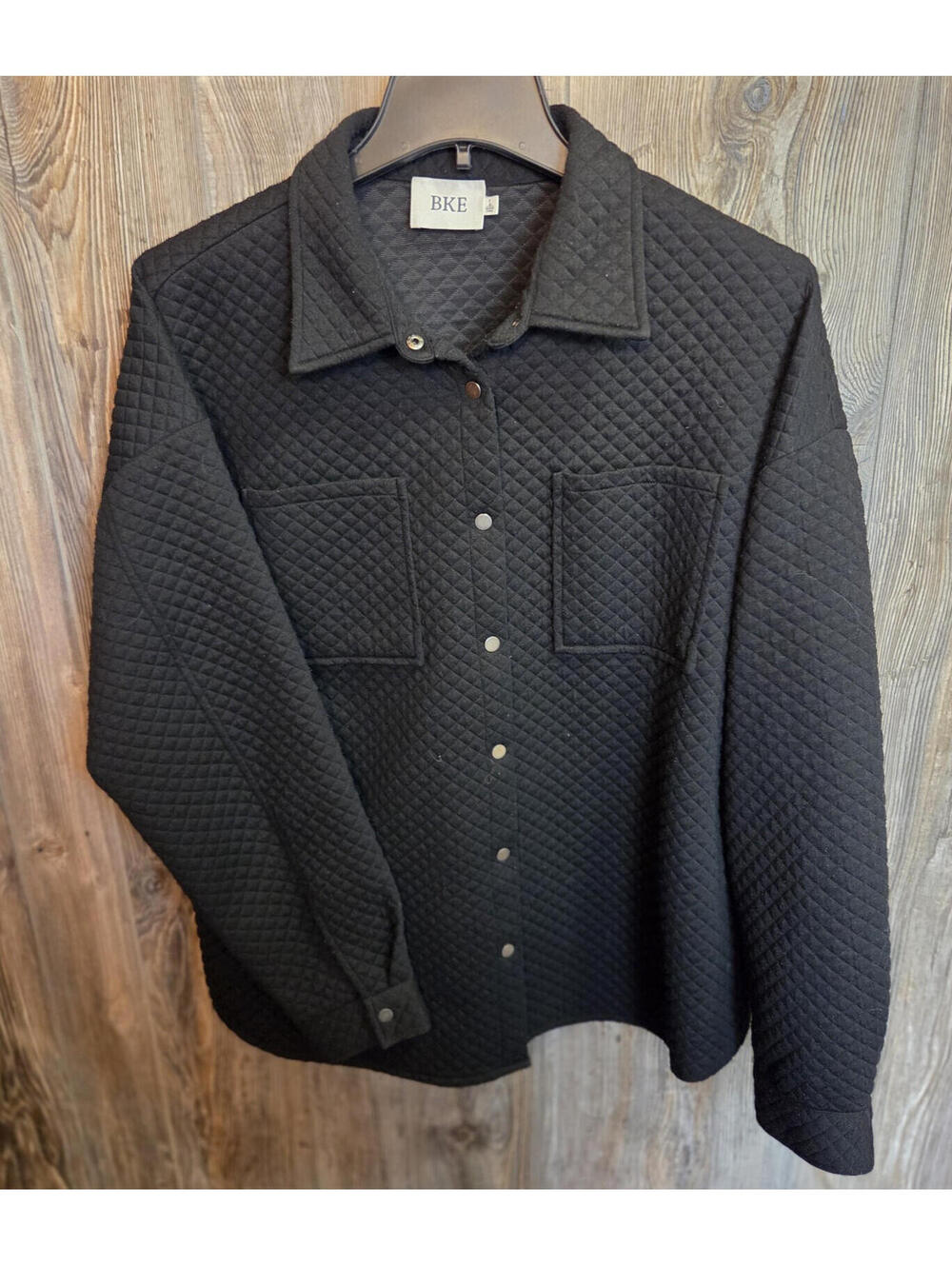 BKE Jacket Women Large Black Quilted Polyester Snap Up Relaxed Fit Shacket